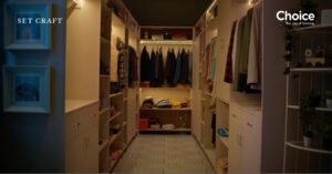 Minimal walk-in closet interior set design for advertisement film with organized wardrobes and neutral palette