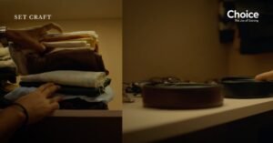 Close-up of organized clothing and accessories used as props in walk-in closet advertisement set design