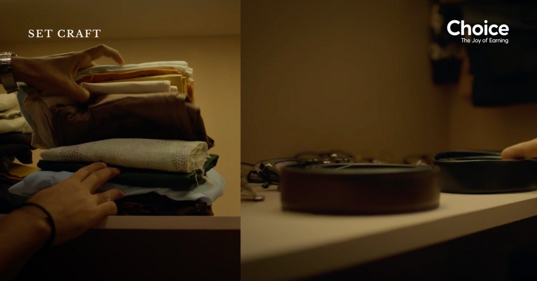 Close-up of organized clothing and accessories used as props in walk-in closet advertisement set design