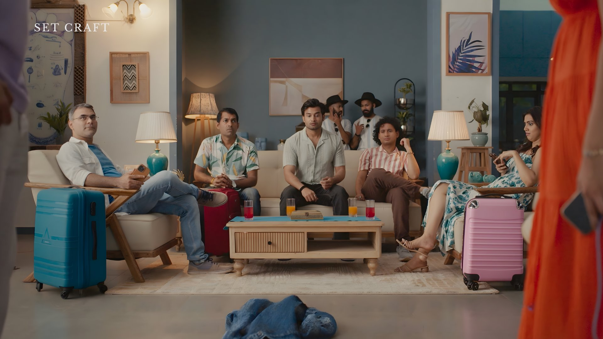 Wide shot of beach farmhouse living room set with sofa, coffee table, luggage props, and ocean-view windows.