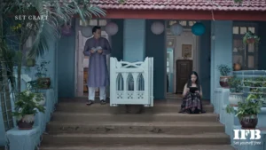 indian home verandah wide shot family sitting realistic house setup