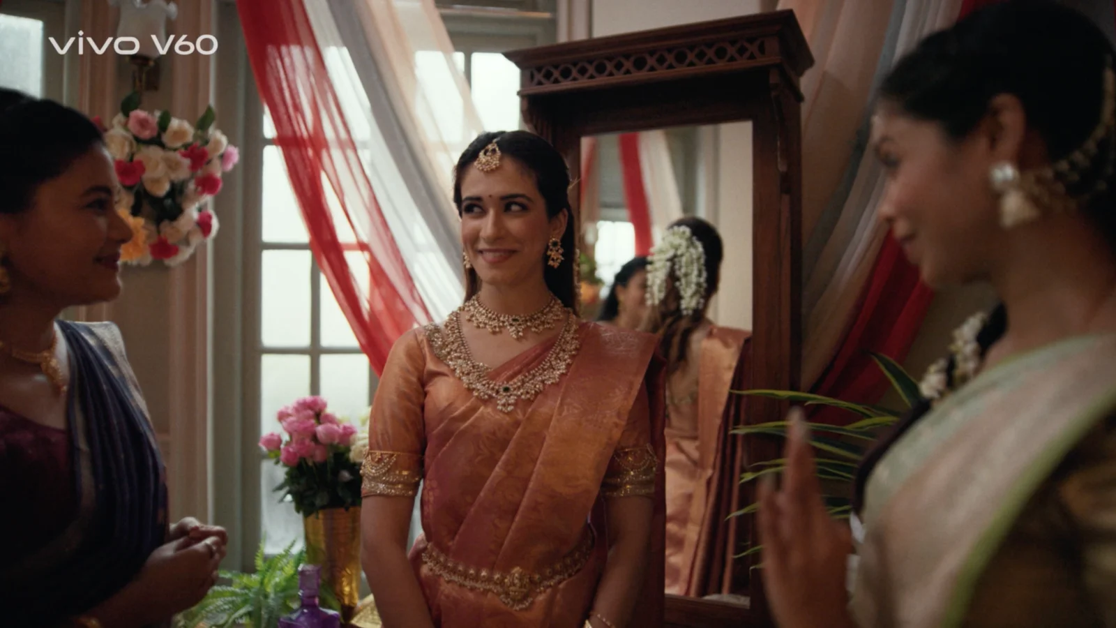 bridal preparation room mirror drapes flowers interior set design