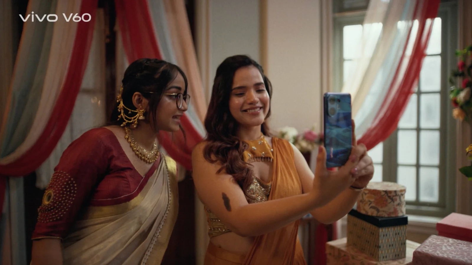 two women selfie wedding room drapes window light interior set