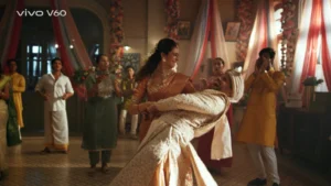 woman dancing holding phone wedding hall drapes lighting set design