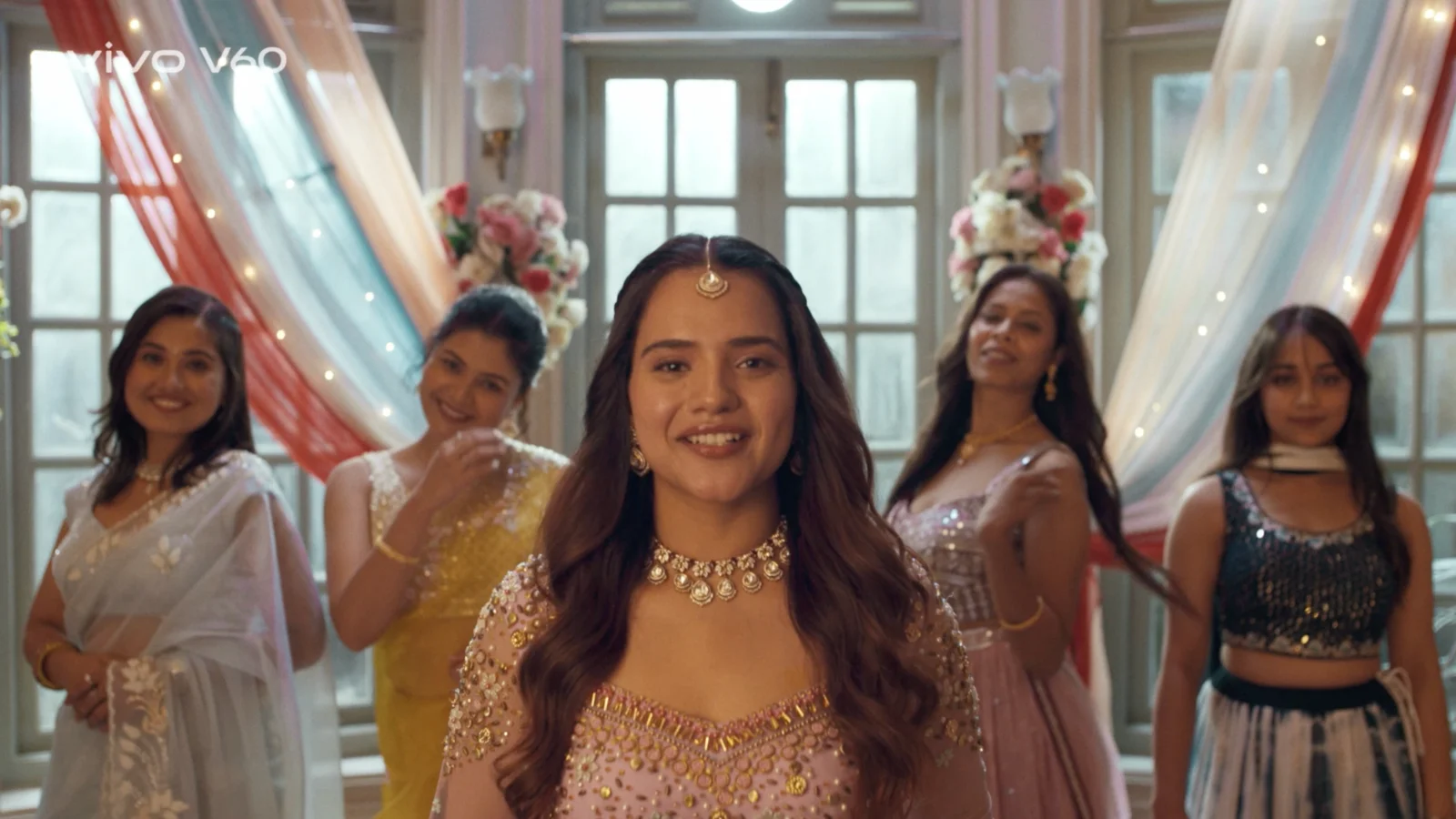 bride portrait wedding friends background drapes soft lighting