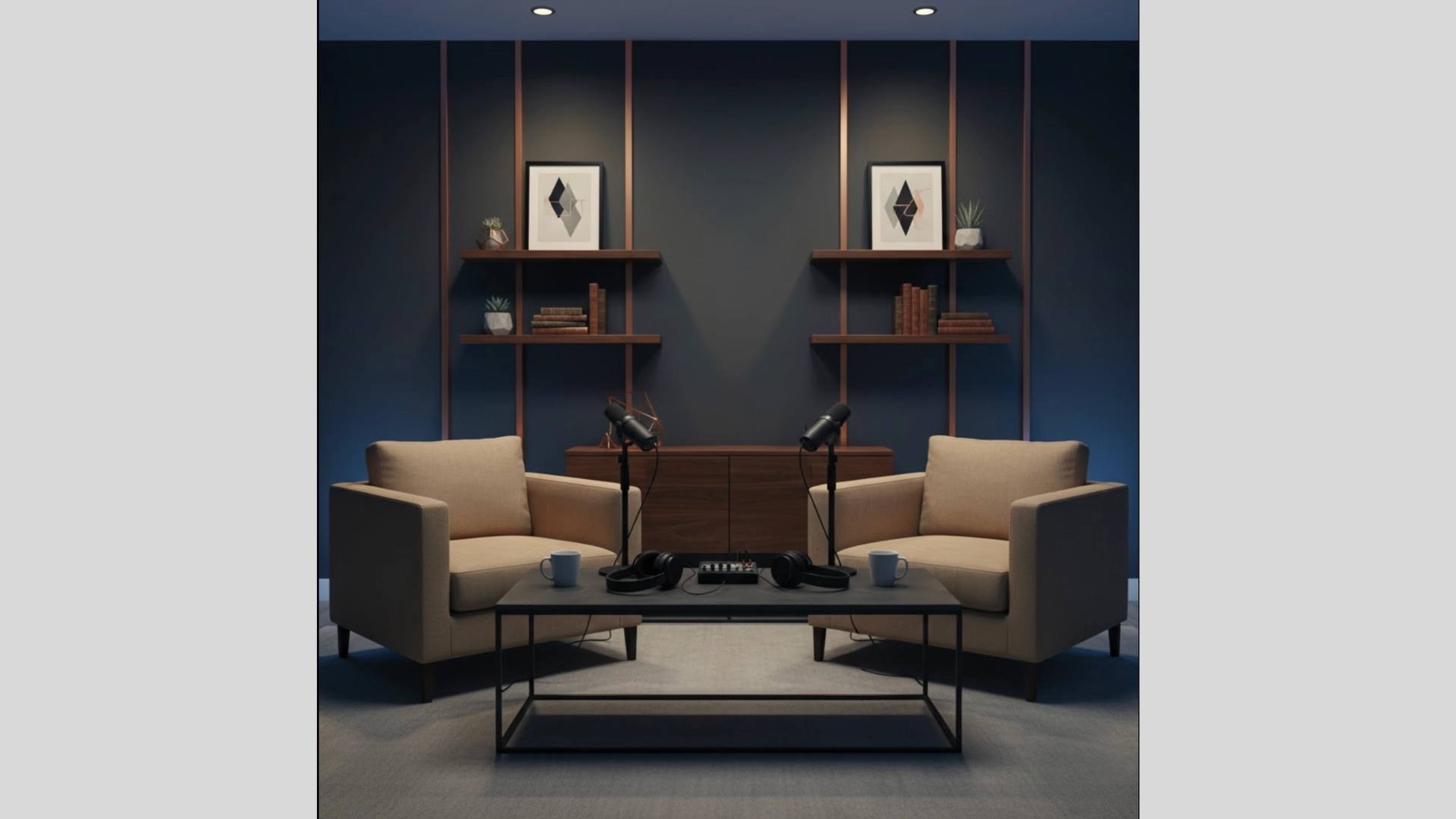 Charcoal blue podcast studio with geometric shelving and neutral seating