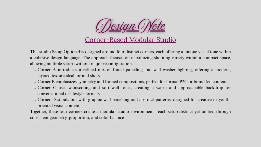 Design note explaining corner-based modular studio planning for multi-angle content shoots