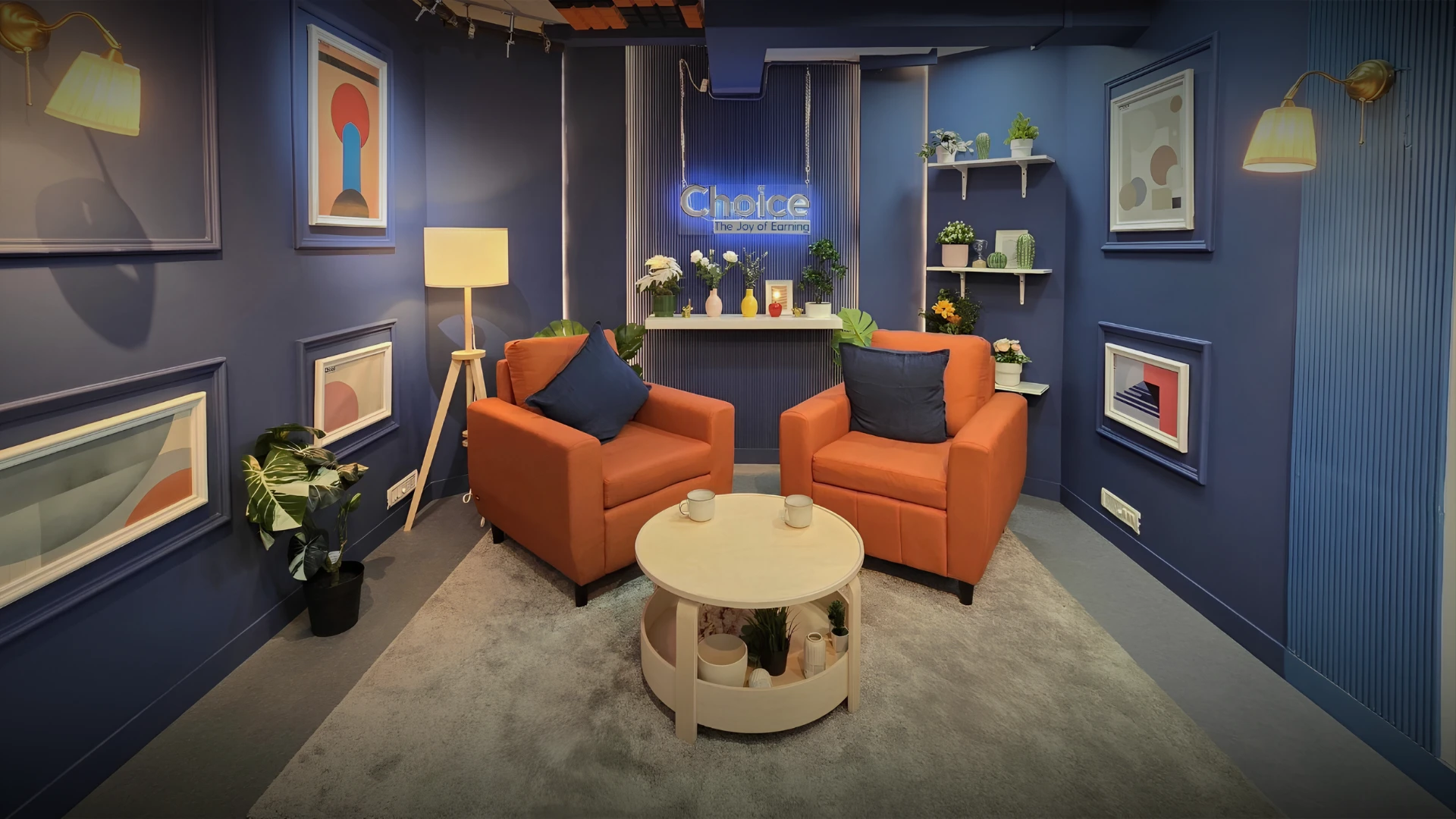 Wide-angle view of a soundproof creator studio with acoustic wall panels, podcast seating, and cinematic lighting