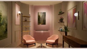 3D concept render of a cinematic creator studio with blush seating and layered acoustic wall design