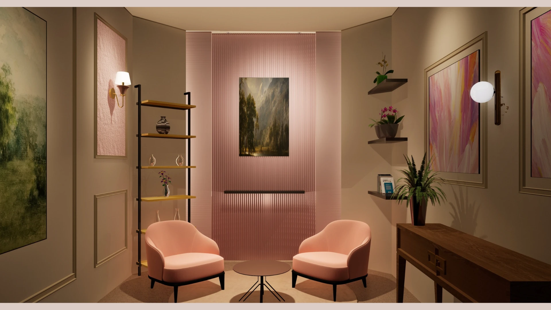 3D concept render of a cinematic creator studio with blush seating and layered acoustic wall design