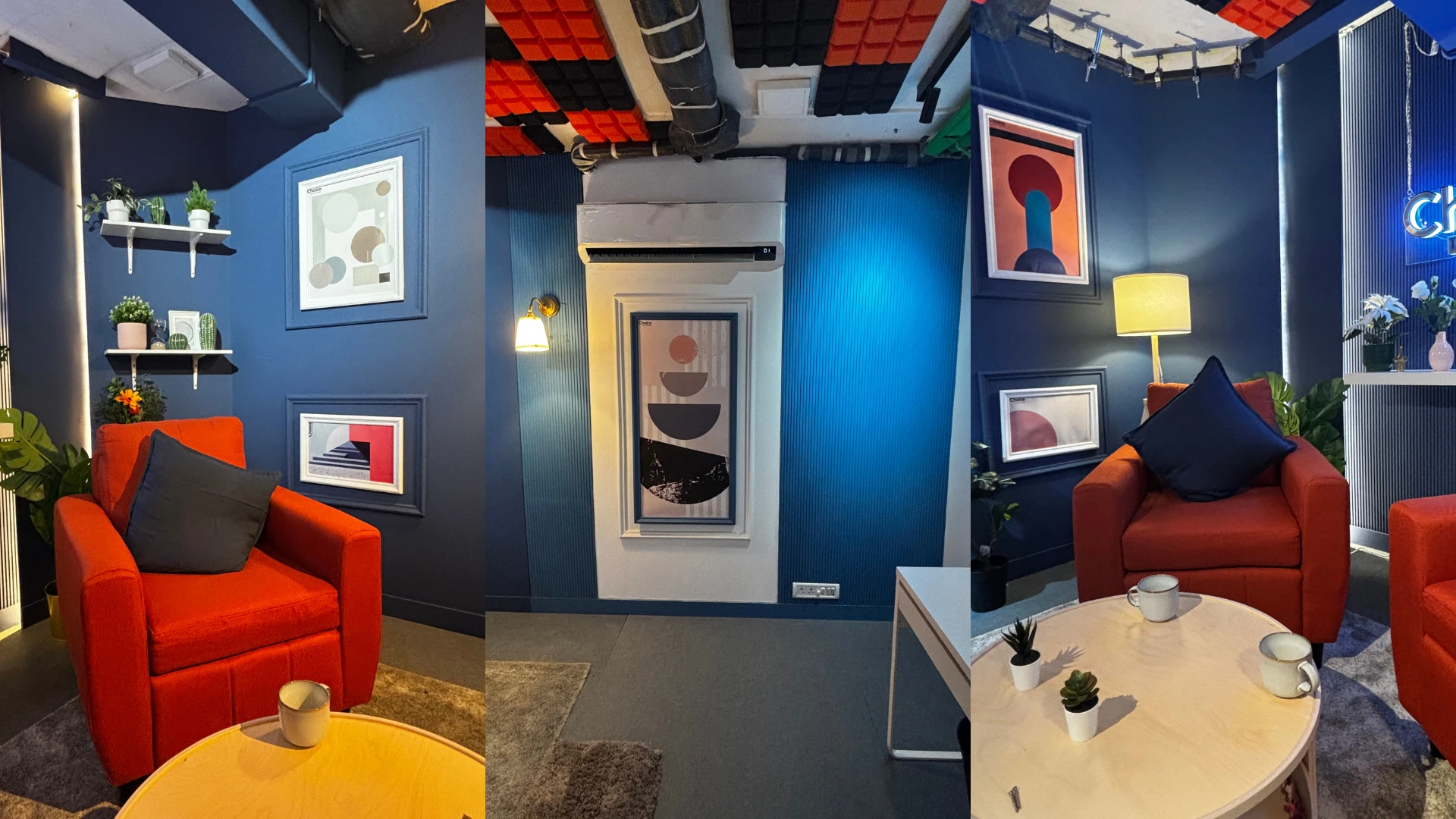 Interior detail collage of a cinematic podcast and YouTube studio with acoustic treatment and modern decor