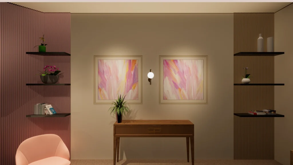 Interior styling concept render with layered textures, shelving, decorative lighting, and soft tonal contrasts for a creator studio