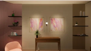Interior styling concept render with layered textures, shelving, decorative lighting, and soft tonal contrasts for a creator studio