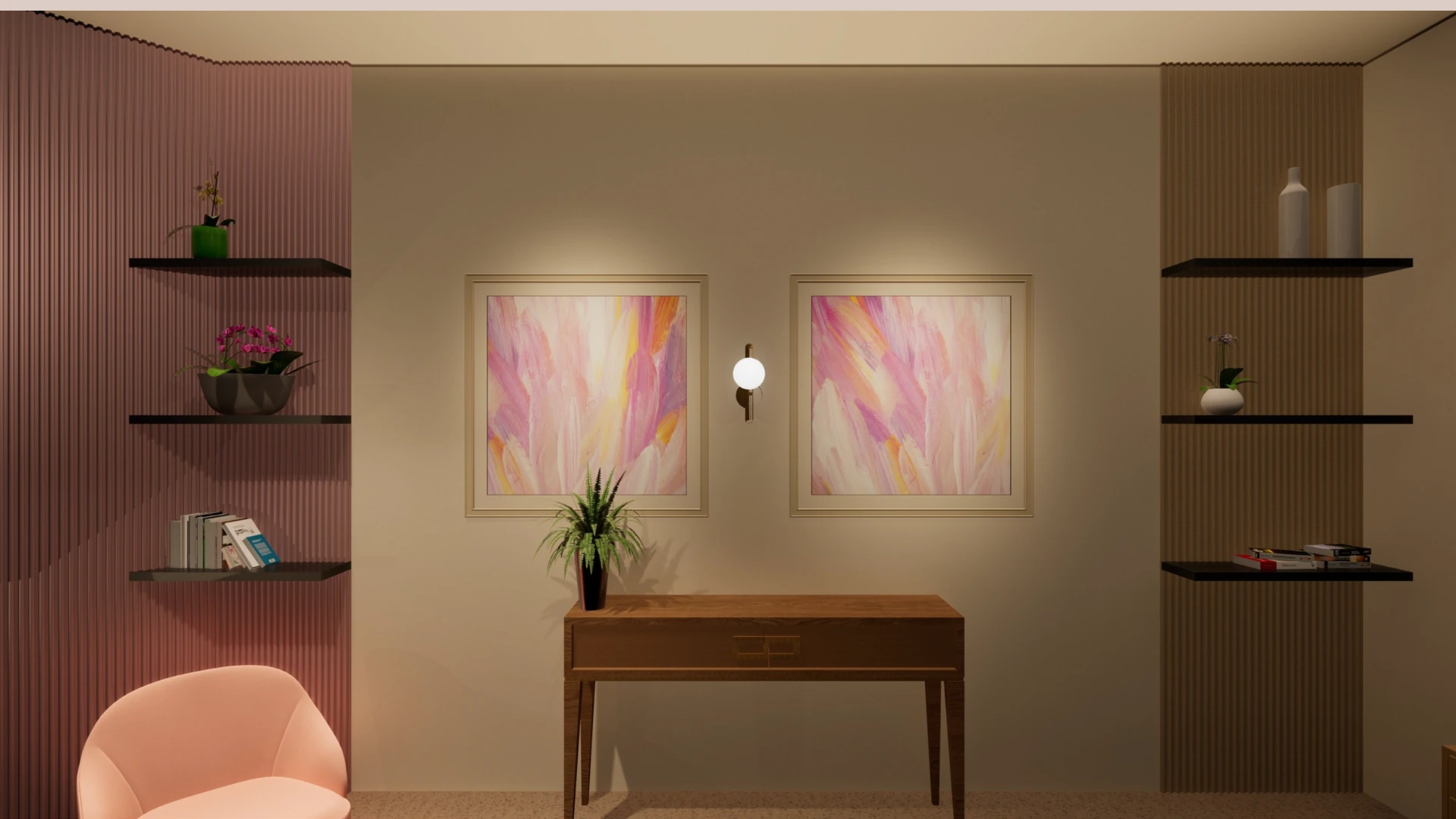 Interior styling concept render with layered textures, shelving, decorative lighting, and soft tonal contrasts for a creator studio