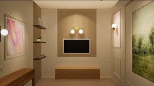 Minimal media wall concept render for a creator studio with textured surfaces, ambient lighting, and integrated shelving