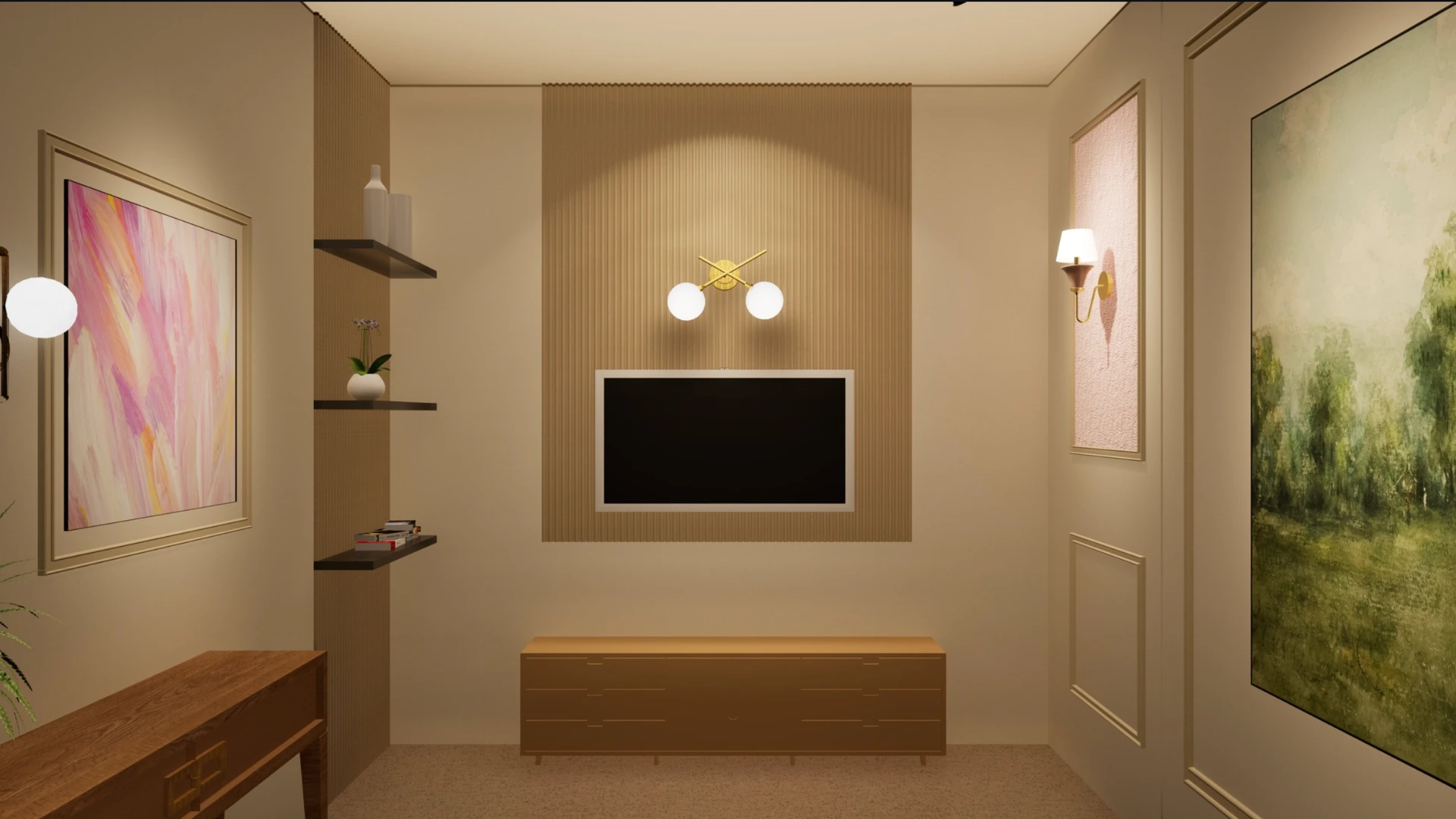 Minimal media wall concept render for a creator studio with textured surfaces, ambient lighting, and integrated shelving