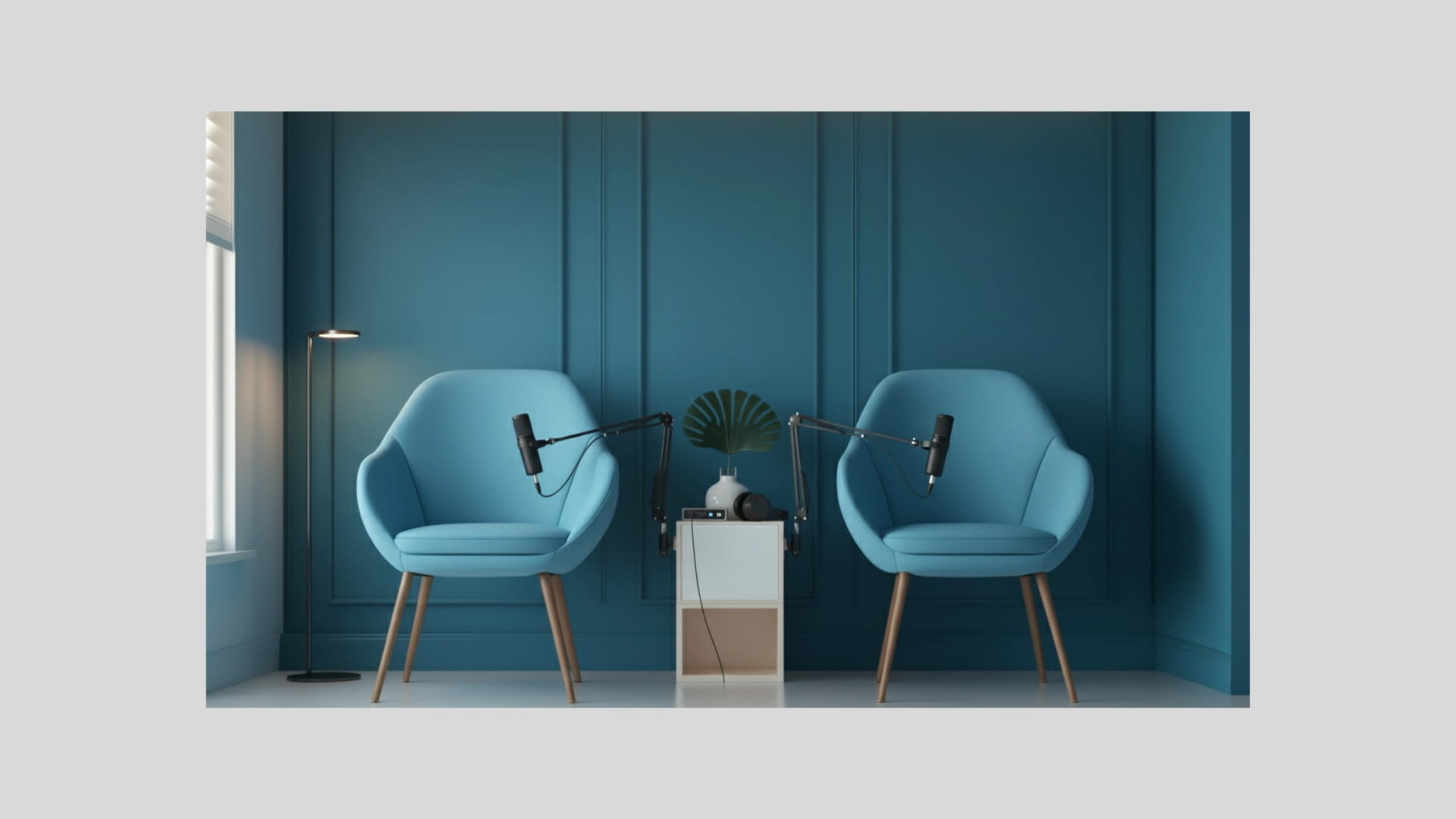 Teal blue podcast room with warm lighting and soft conversational seating