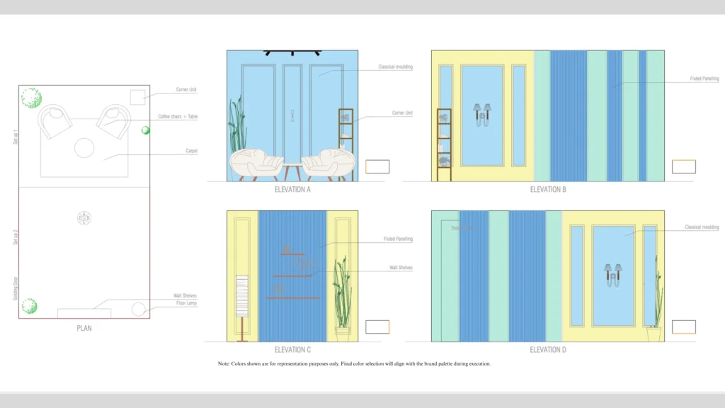 Dual U-shaped studio elevation layout for podcast and content production