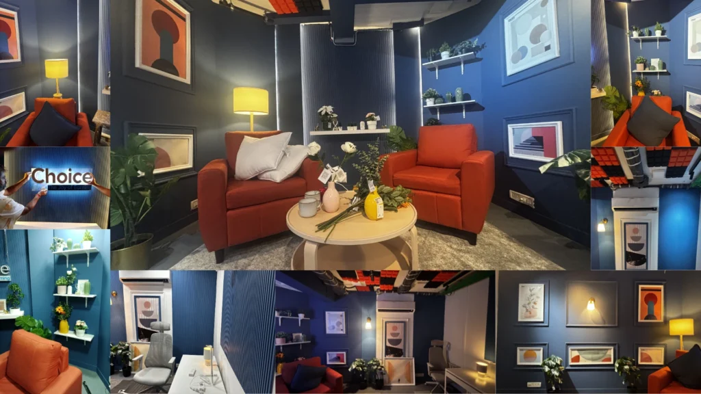 Completed soundproof creator studio interior with acoustic treatment, podcast seating, lighting, and workspace designed by Set Craft