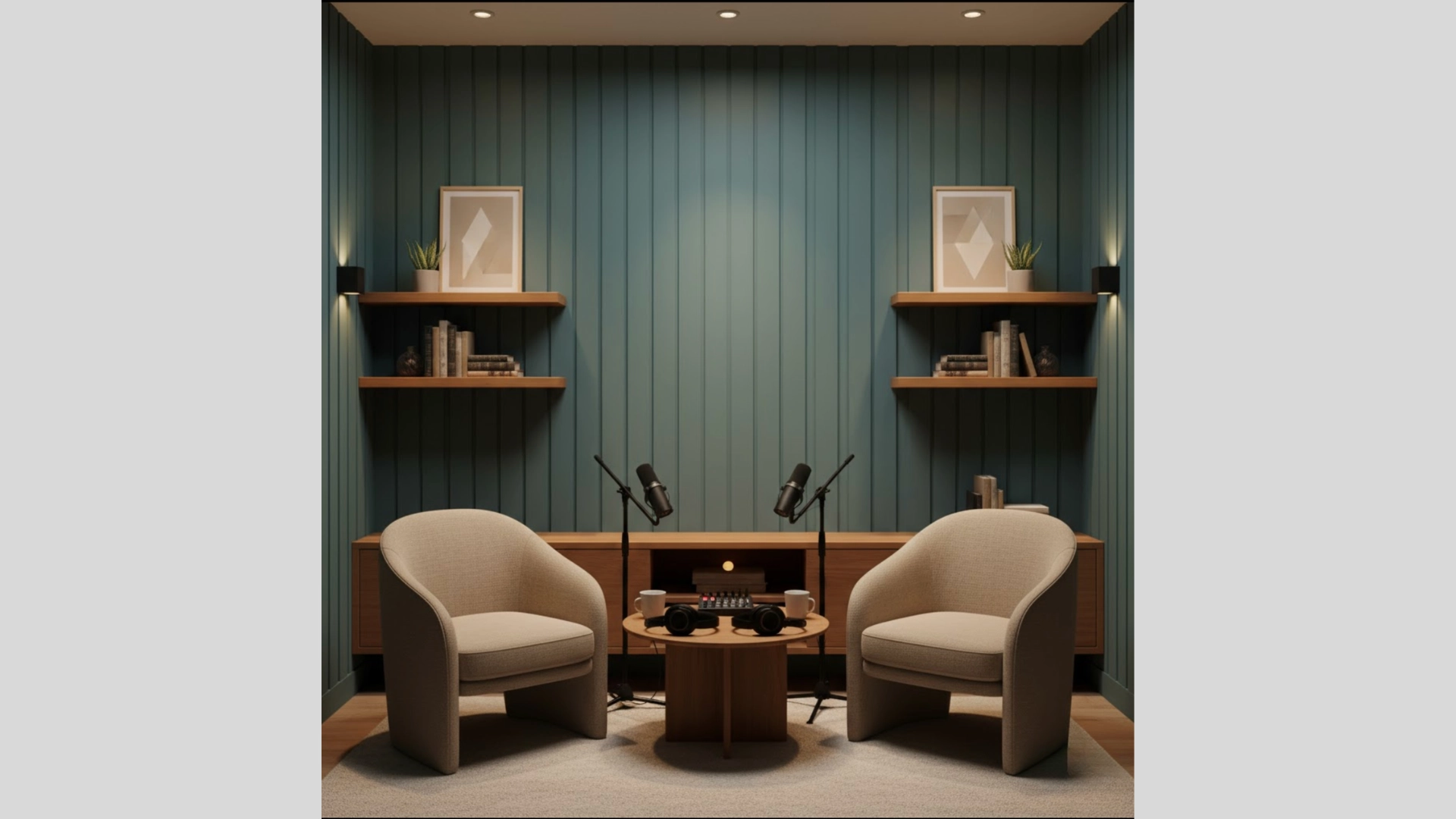 Forest green slatted wall podcast setup with sculptural lounge chairs