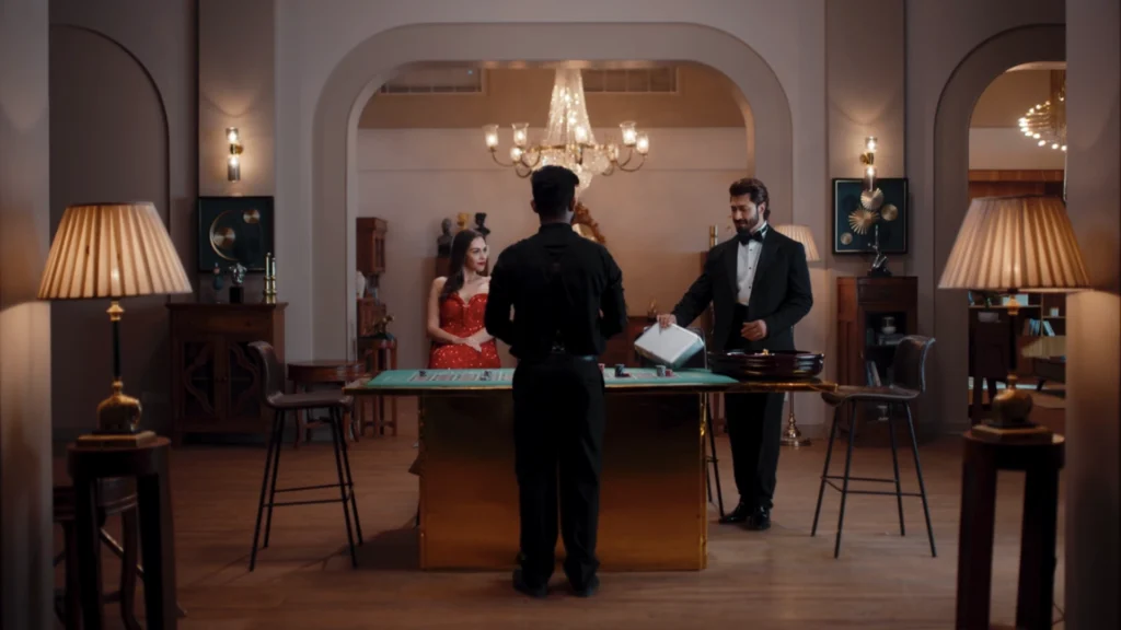 Luxury casino room set with chandeliers, arches and cinematic lighting designed for an advertisement shoot by Set Craft.