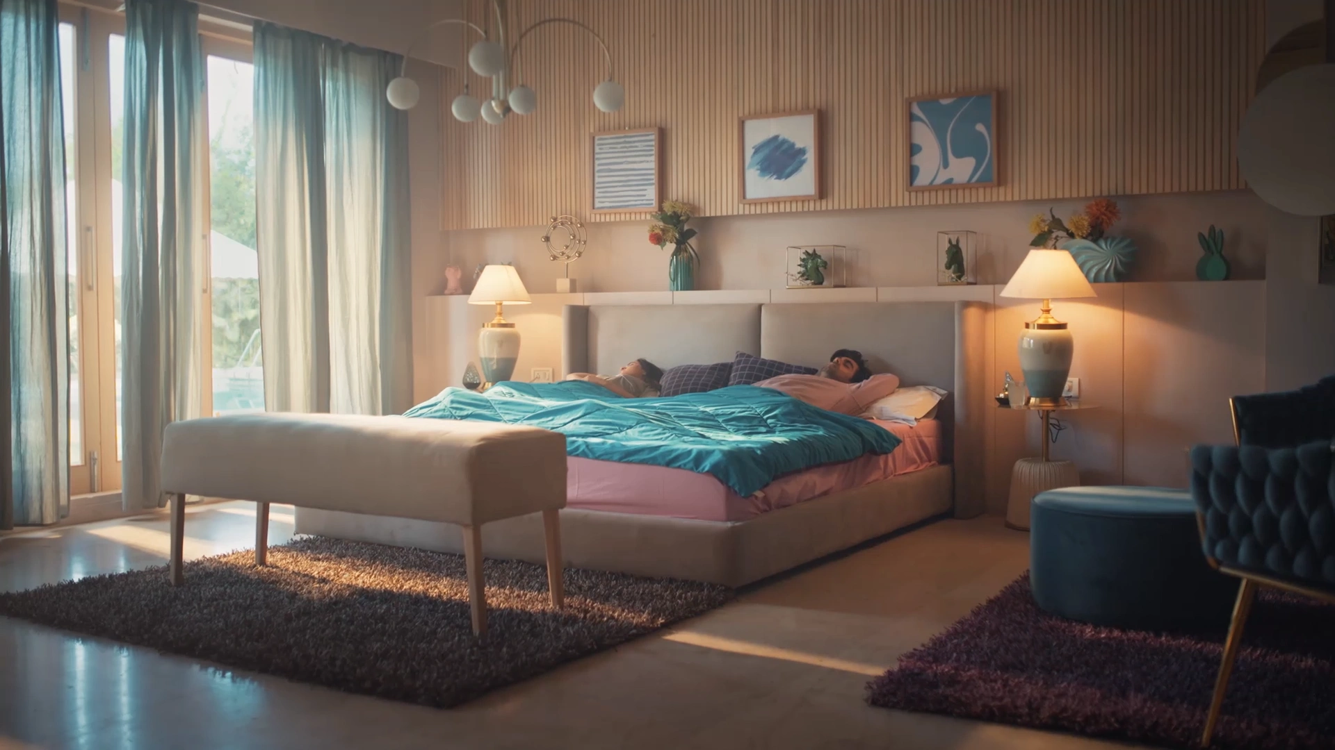 Luxury modern bedroom set with teal bedding, wood panel walls, and premium lifestyle advertisement styling.