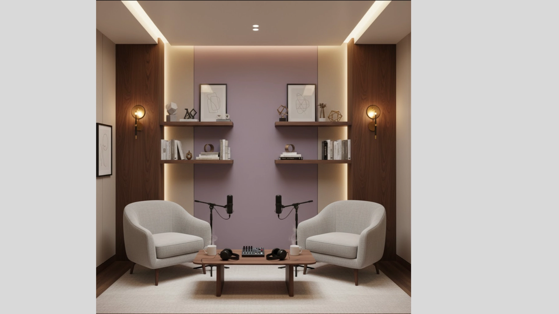 Mauve and walnut luxury podcast studio with layered shelving