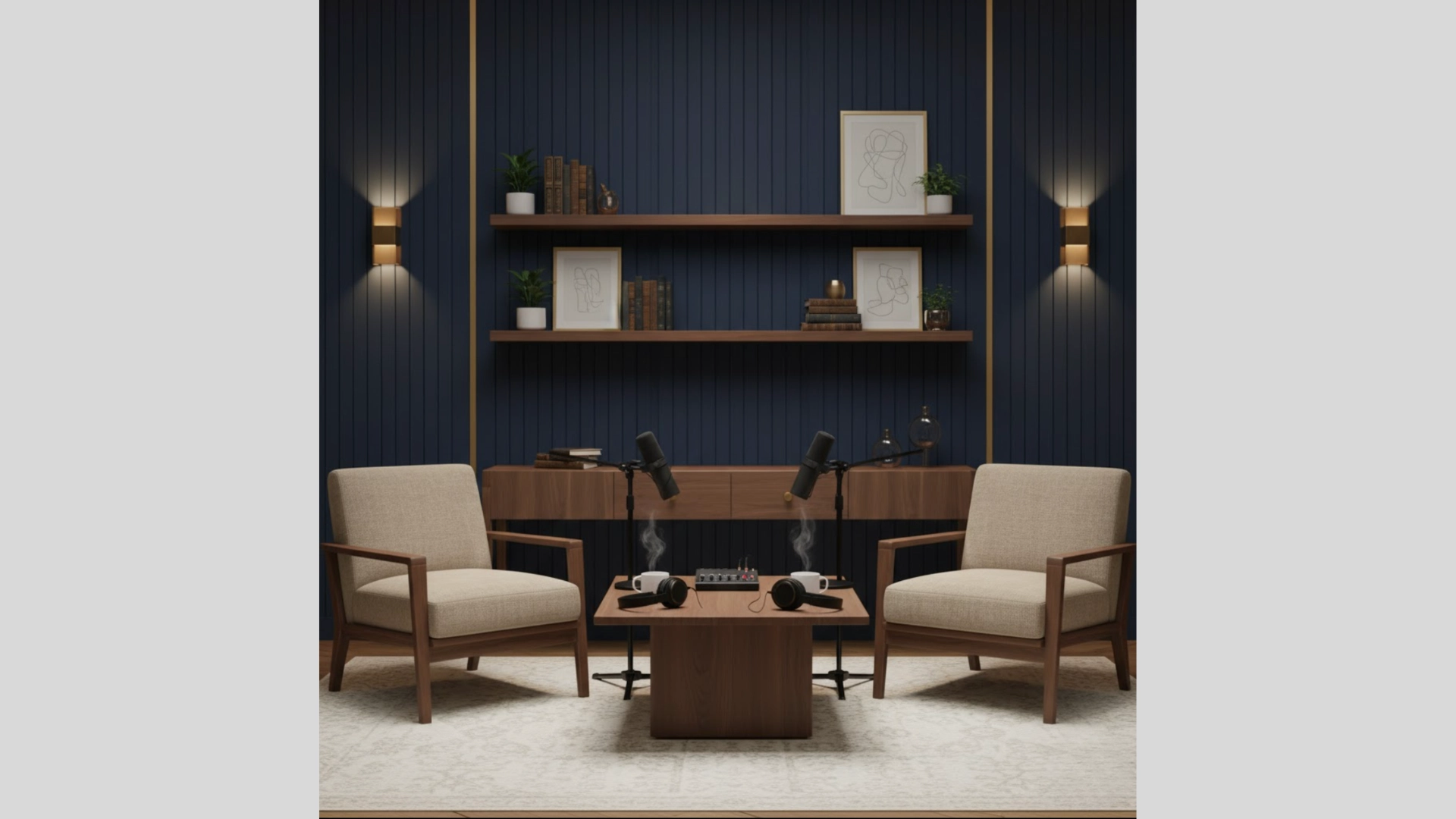 Luxury navy podcast studio with brass accents and layered shelving