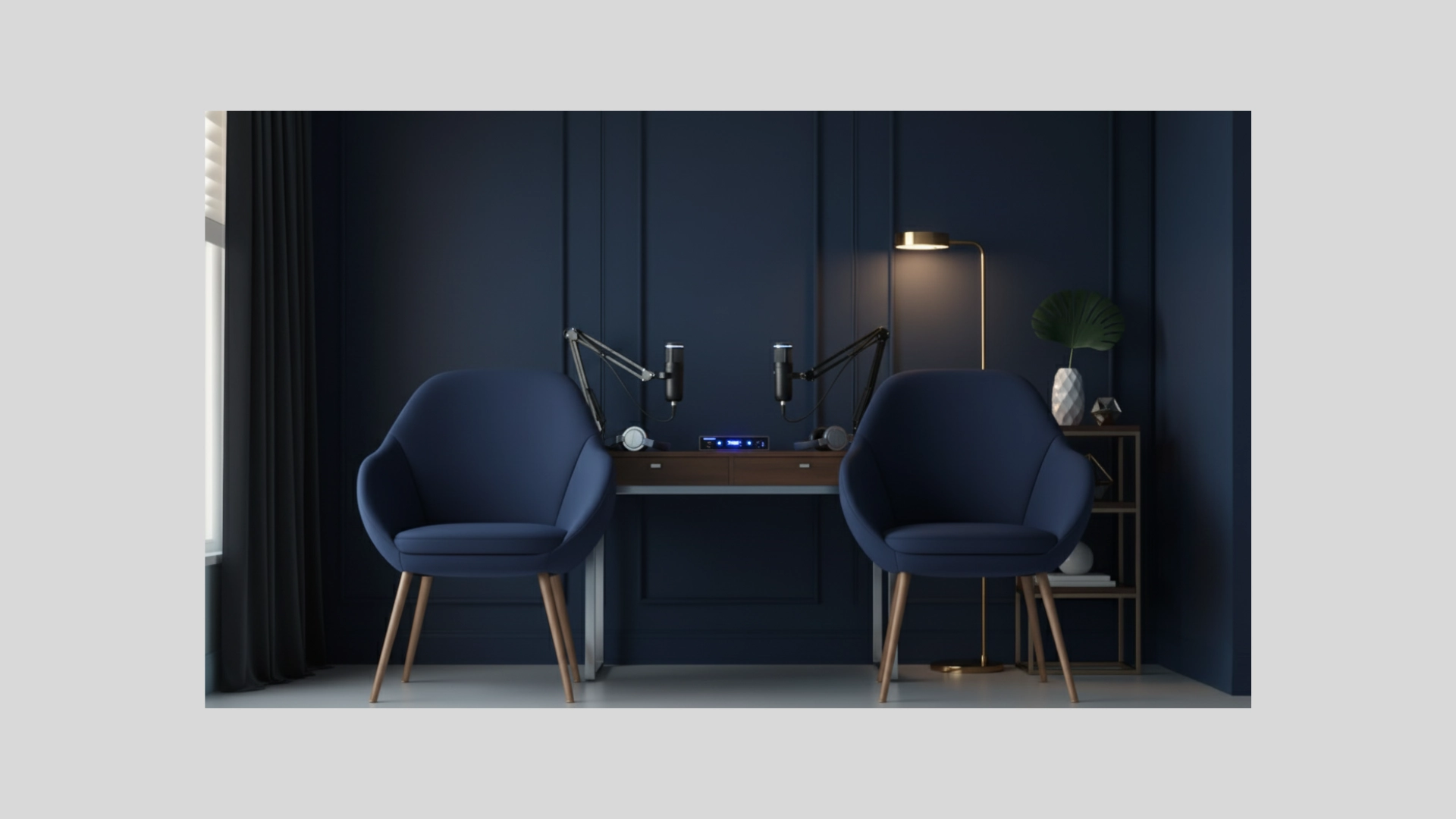 Dark navy podcast studio with moulded wall panels, walnut desk and warm accent lighting