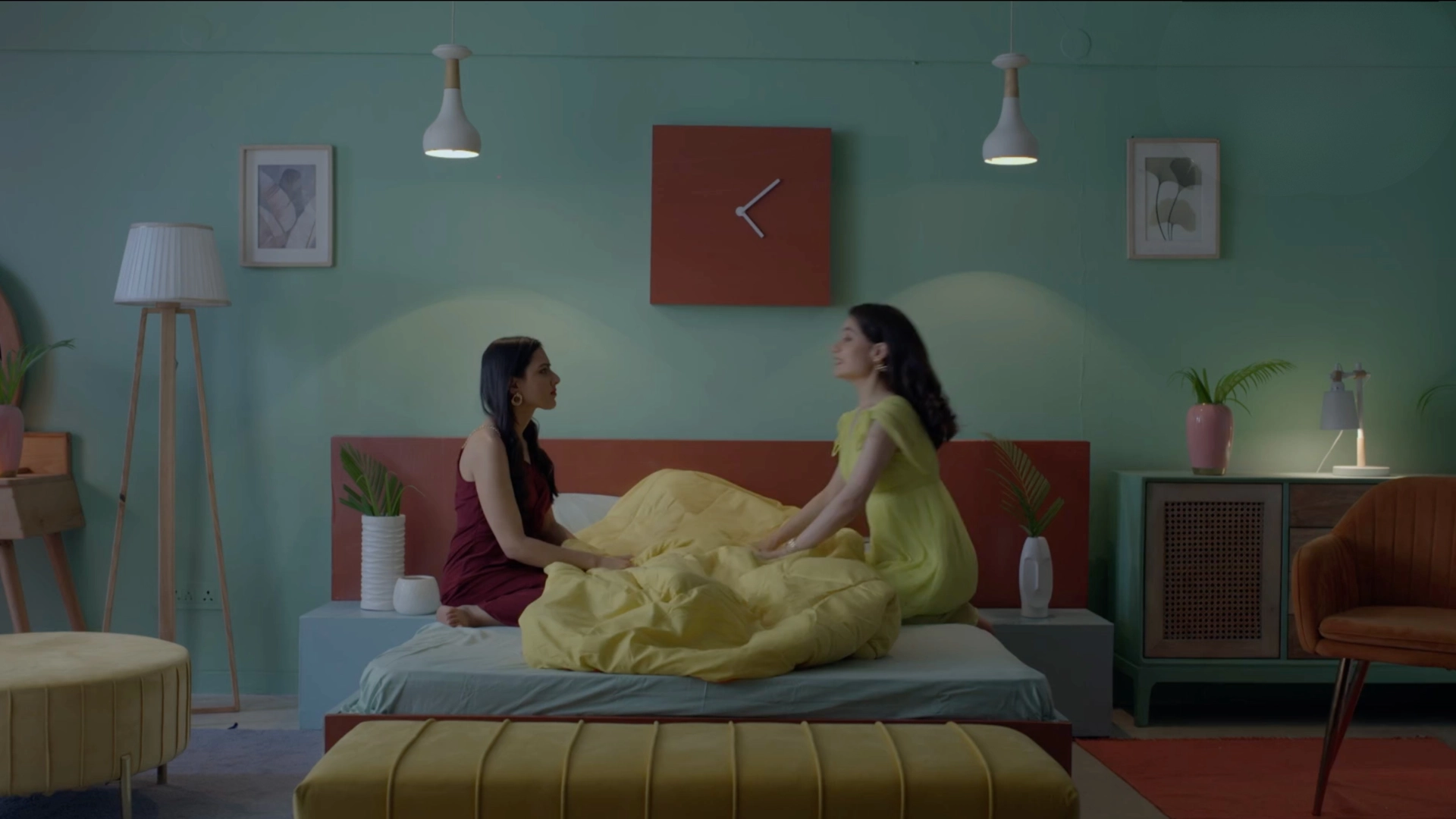 Pastel mint green bedroom set with minimal decor, modern furniture, and cinematic commercial styling.