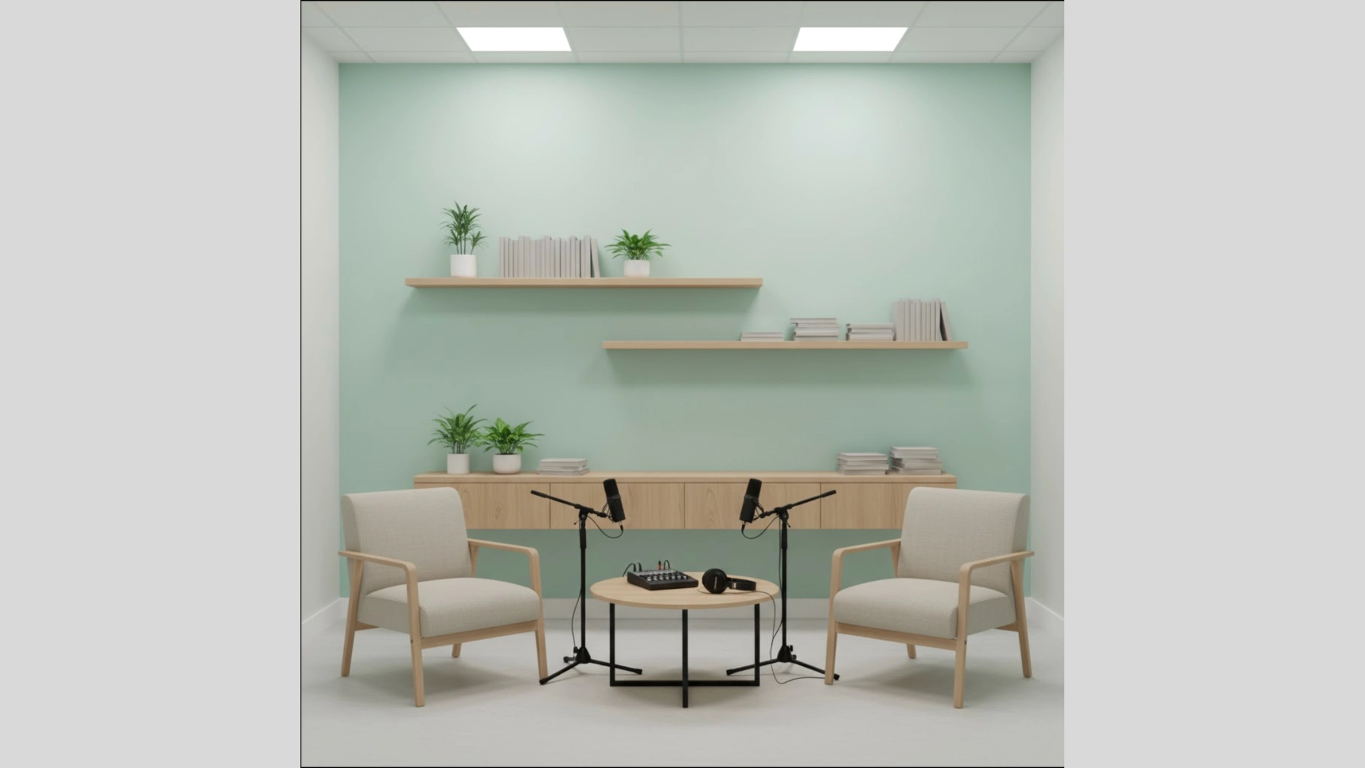 Mint green minimalist podcast room with floating shelves and light oak furniture