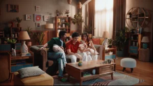 Contemporary living room set with three young adults, warm lighting and modern furniture styling for a lifestyle commercial.