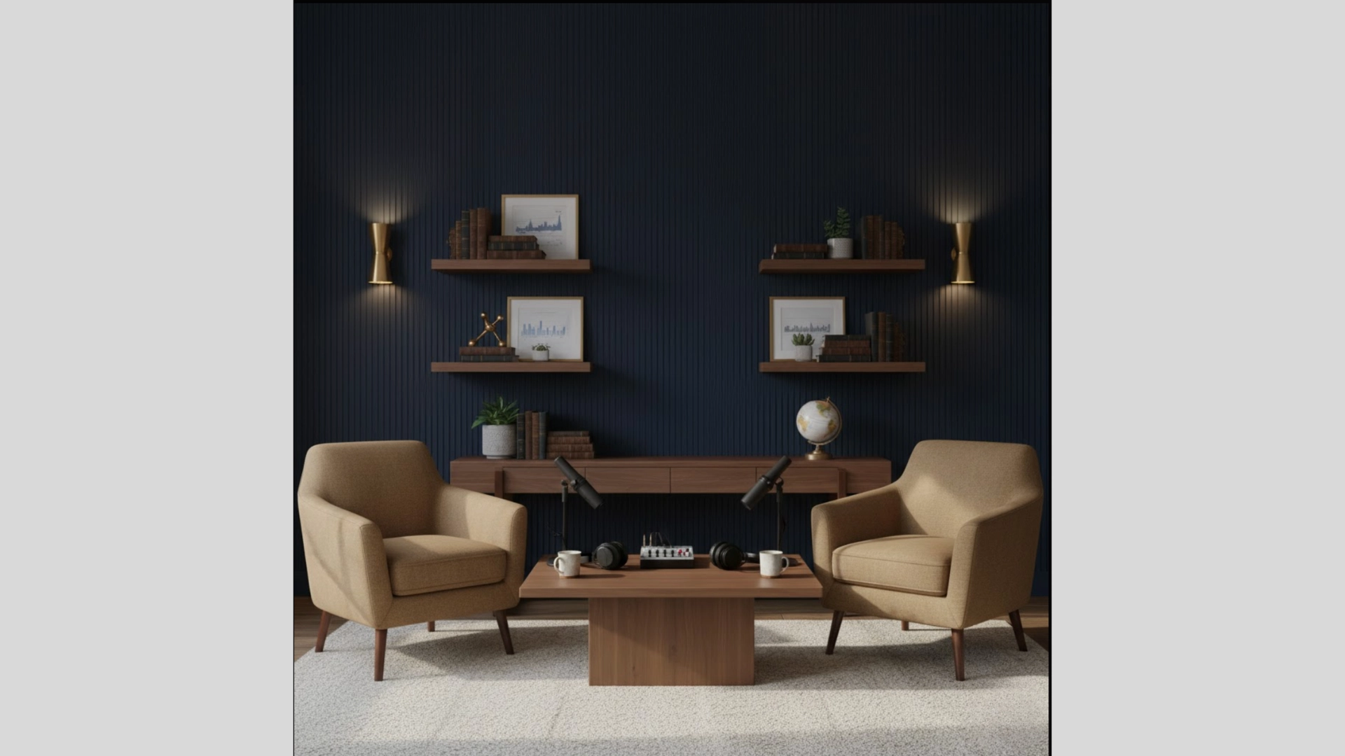 Dark navy luxury podcast room with shelving and walnut furniture