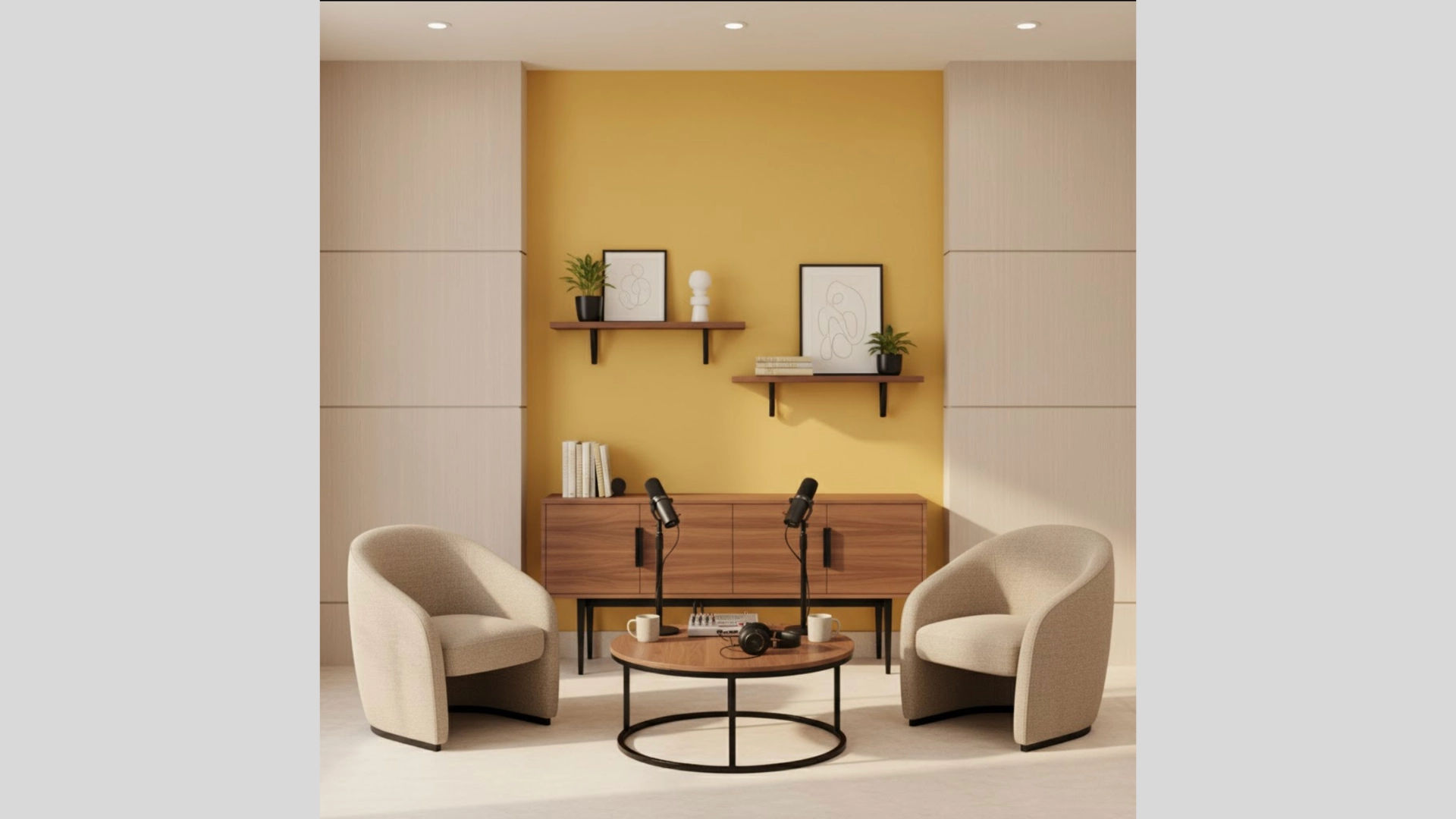 Ochre yellow podcast setup with walnut console and curved lounge chairs