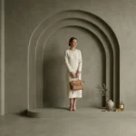 Cinematic olive-toned interior composition with sculptural arches, muted textures, atmospheric lighting, and minimalist spatial styling by Set Craft Atelier.