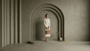 Cinematic olive-toned interior composition with sculptural arches, muted textures, atmospheric lighting, and minimalist spatial styling by Set Craft Atelier.