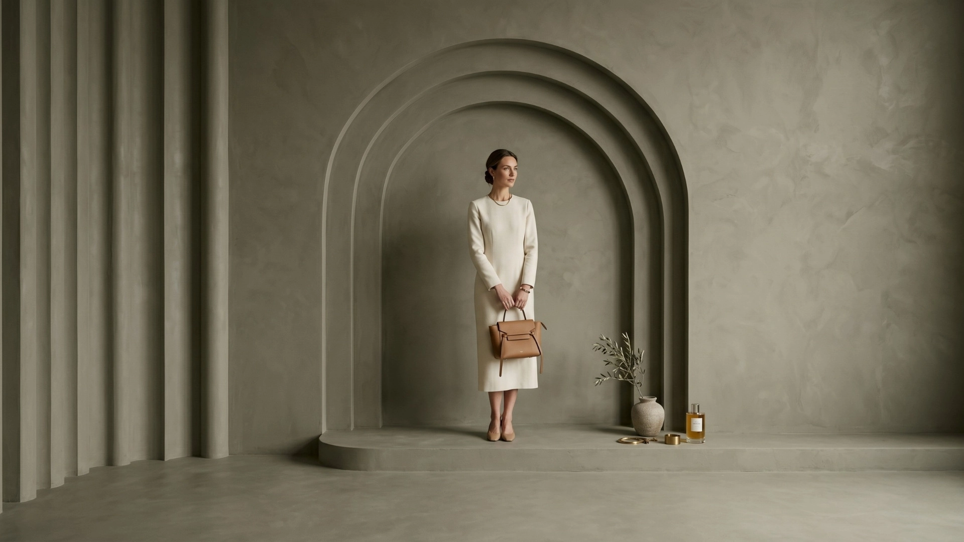 Cinematic olive-toned interior composition with sculptural arches, muted textures, atmospheric lighting, and minimalist spatial styling by Set Craft Atelier.