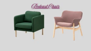 Modern upholstered podcast chair references in green and blush tones for creator studio interior styling