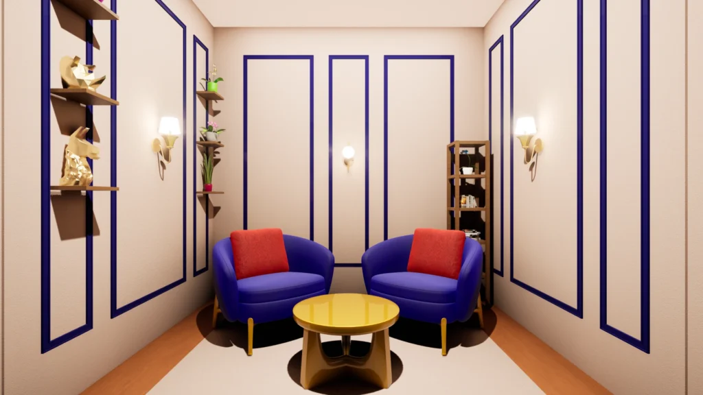 3D visualization of compact podcast studio interior with modern wall moulding