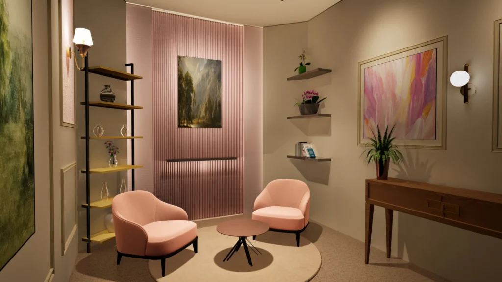 Side-angle render of a modern podcast and YouTube studio interior with blush seating and warm cinematic lighting
