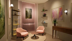 Side-angle render of a modern podcast and YouTube studio interior with blush seating and warm cinematic lighting