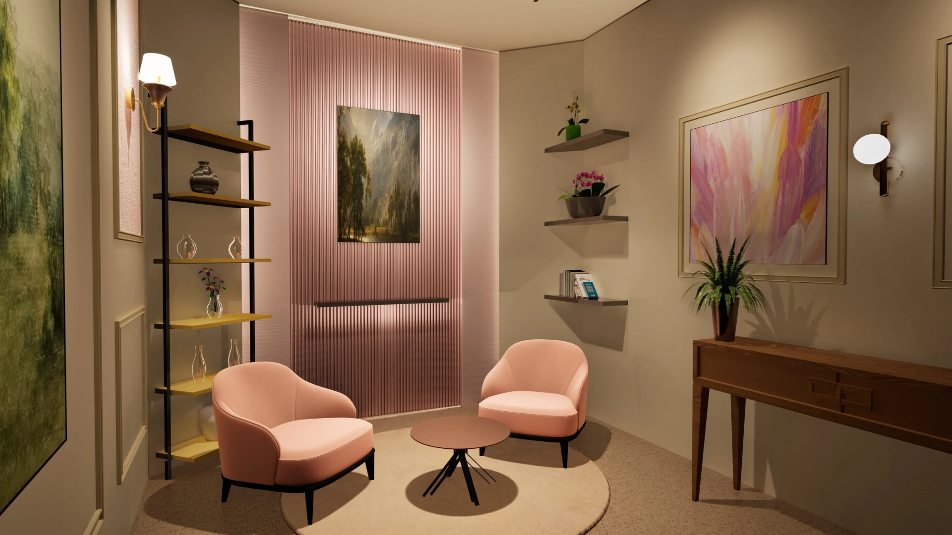 Side-angle render of a modern podcast and YouTube studio interior with blush seating and warm cinematic lighting