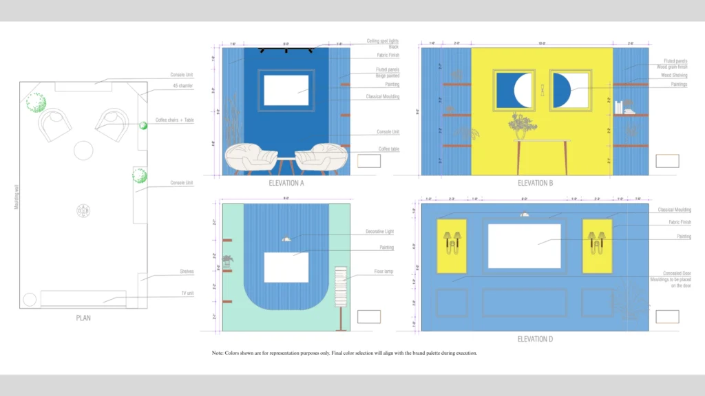 Podcast studio plan and elevation layout for multi-format content production