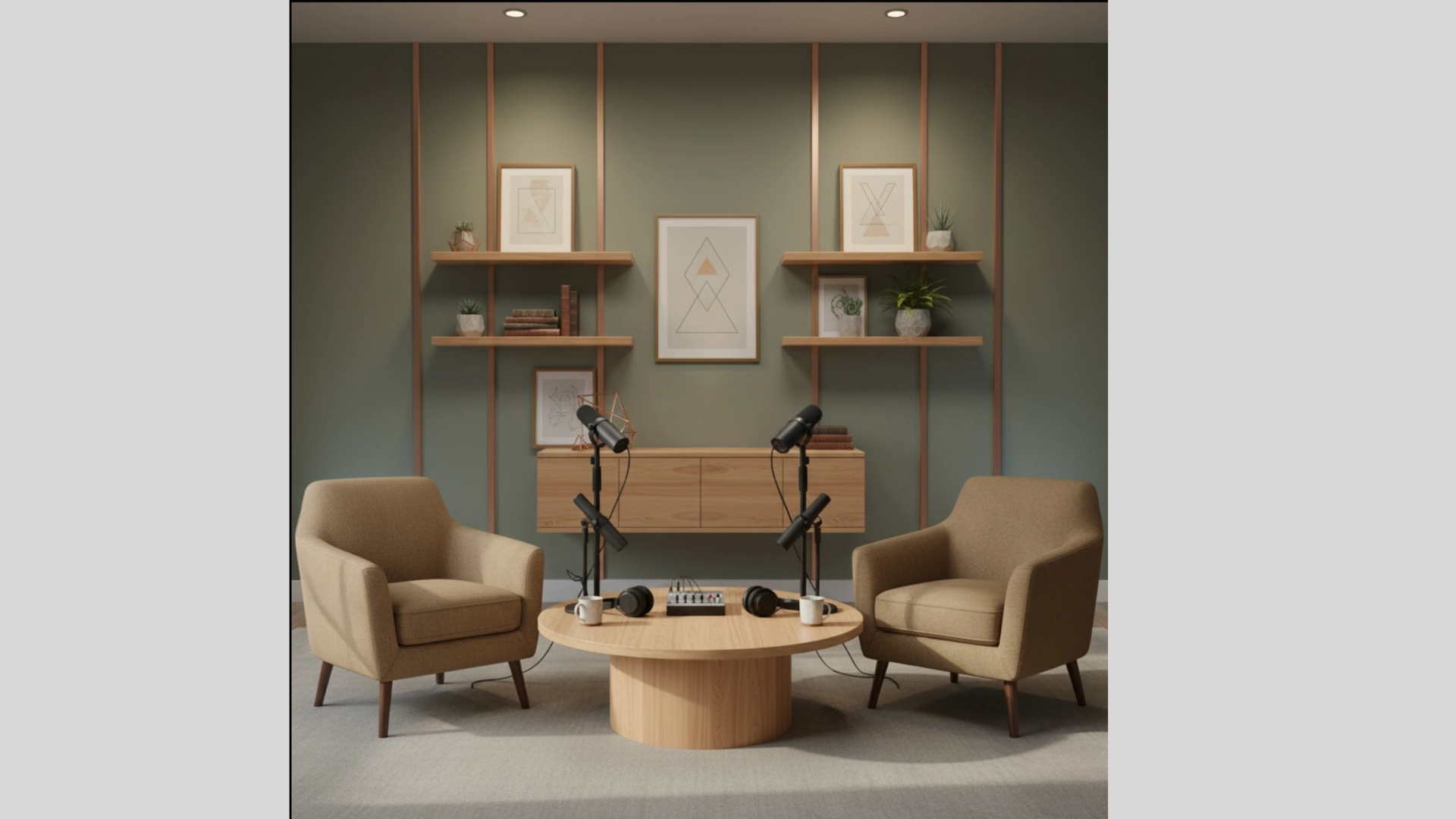 Sage green podcast studio with floating shelves and oak furniture