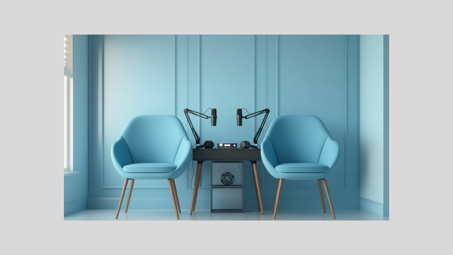 Light blue monochrome podcast room with minimal furniture and soft natural lighting