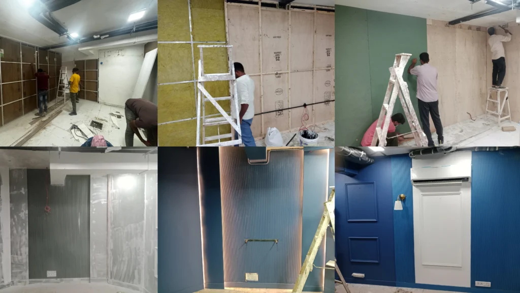 Behind-the-scenes construction process of a soundproof creator studio with acoustic wall treatment and interior execution by Set Craft