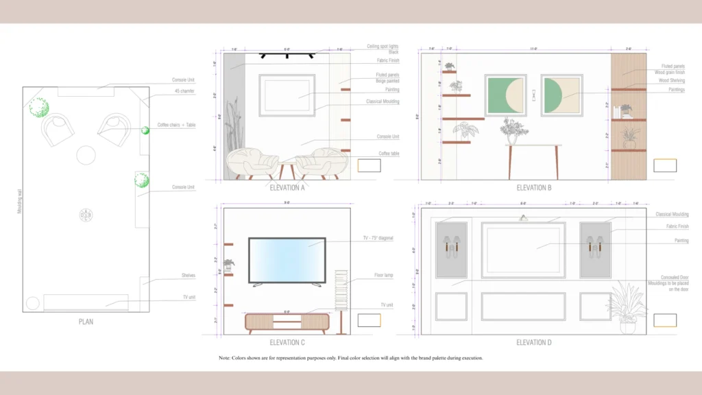 Technical floor plan and elevation drawings for a soundproof creator studio designed by Set Craft