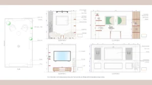 Technical floor plan and elevation drawings for a soundproof creator studio designed by Set Craft