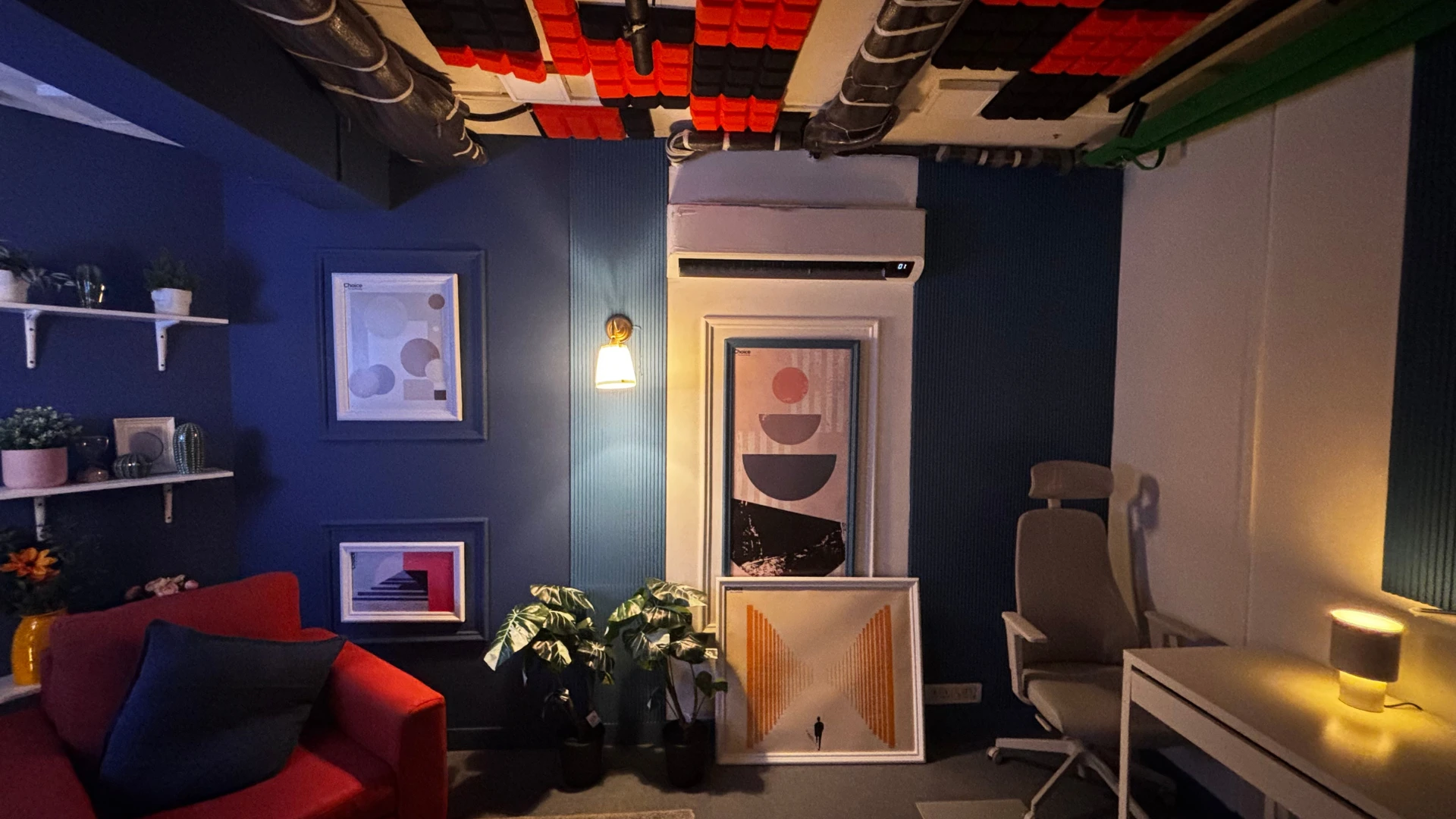 Soundproof office studio interior with acoustic ceiling panels and creator workspace designed by Set Craft