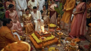 Traditional South Indian wedding ceremony set with floral decorations, sacred fire, and cinematic festive styling.